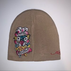 Ed Hardy Nude colored Bedazzled Knit Beanie “Love Is A Gamble” Embroidery